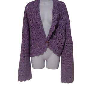 Lilac Hand Knitted Poof Sleeve Scalloped Collar Unique Short Sweater